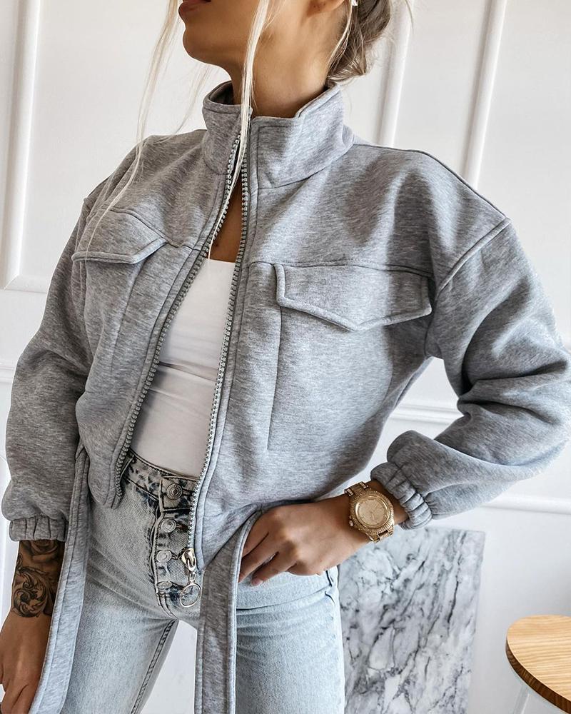 

Long Sleeve Zip Up Pocket Design Coat, Gray