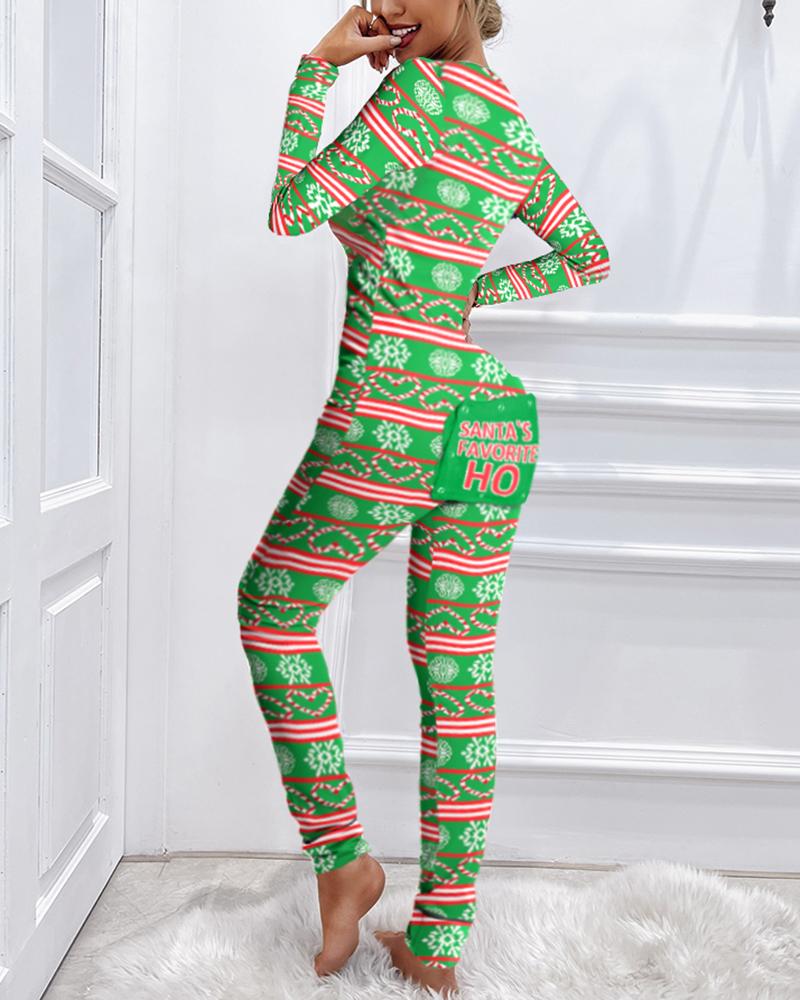 

Christmas Print Functional Buttoned Flap Adults Pajamas, Green