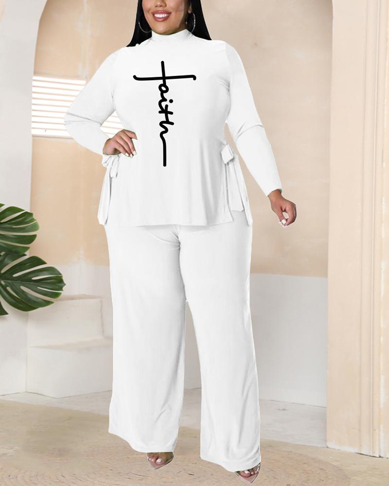 

Plus Size Letter Print Tied Detail Top & Pants Set, White