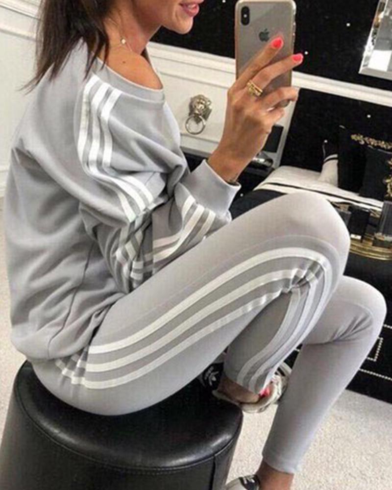 

Striped Tape Long Sleeve Top & Pants Set, Light gray