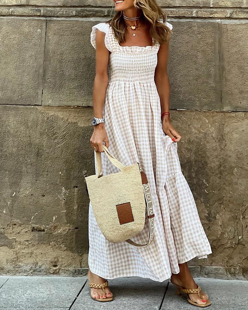 

Plaid Print Frill Hem Shirred Maxi Dress, Khaki
