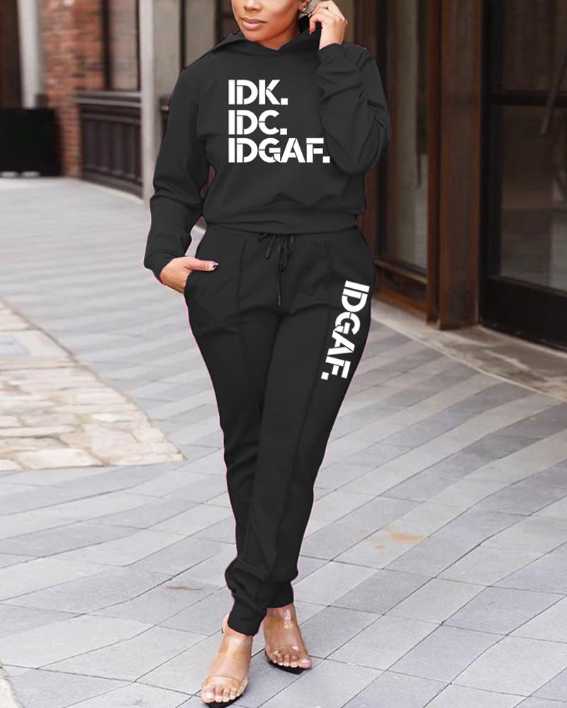 

Letter Print Long Sleeve Casual Hoodie & Pants Set, Black