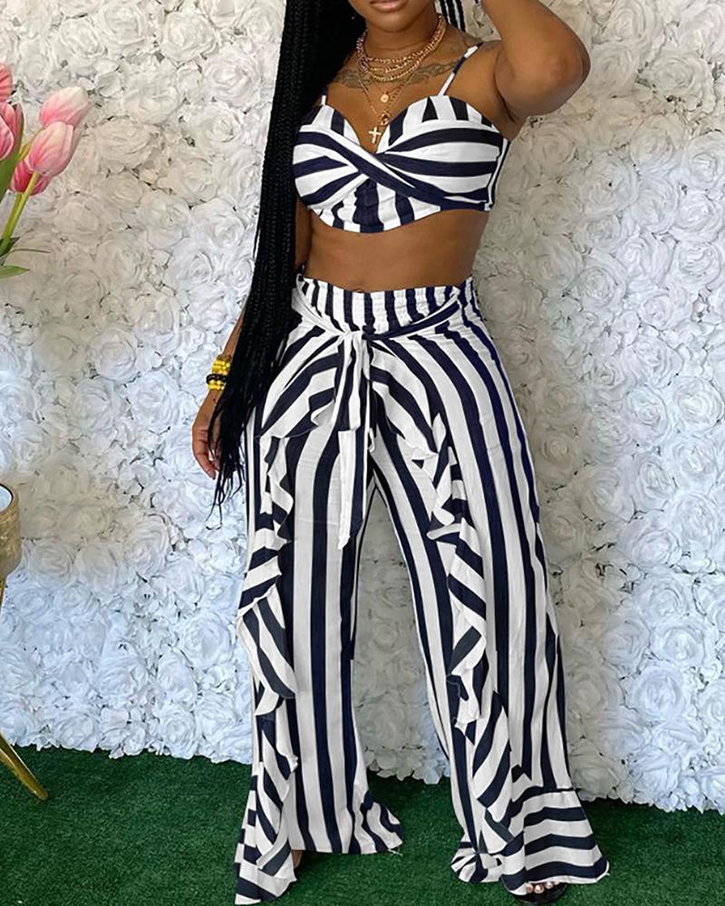 

Striped Crop Top & Ruffle Hem Pants Set, Black