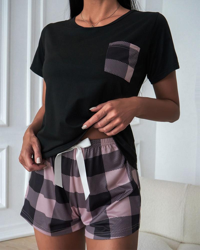 

Plaid Print Patchwork Drawstring Pajamas Set, Pink