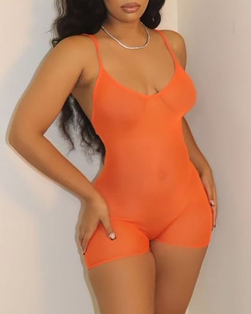 

Sheer Mesh V-Neck Skinny Romper, Orange