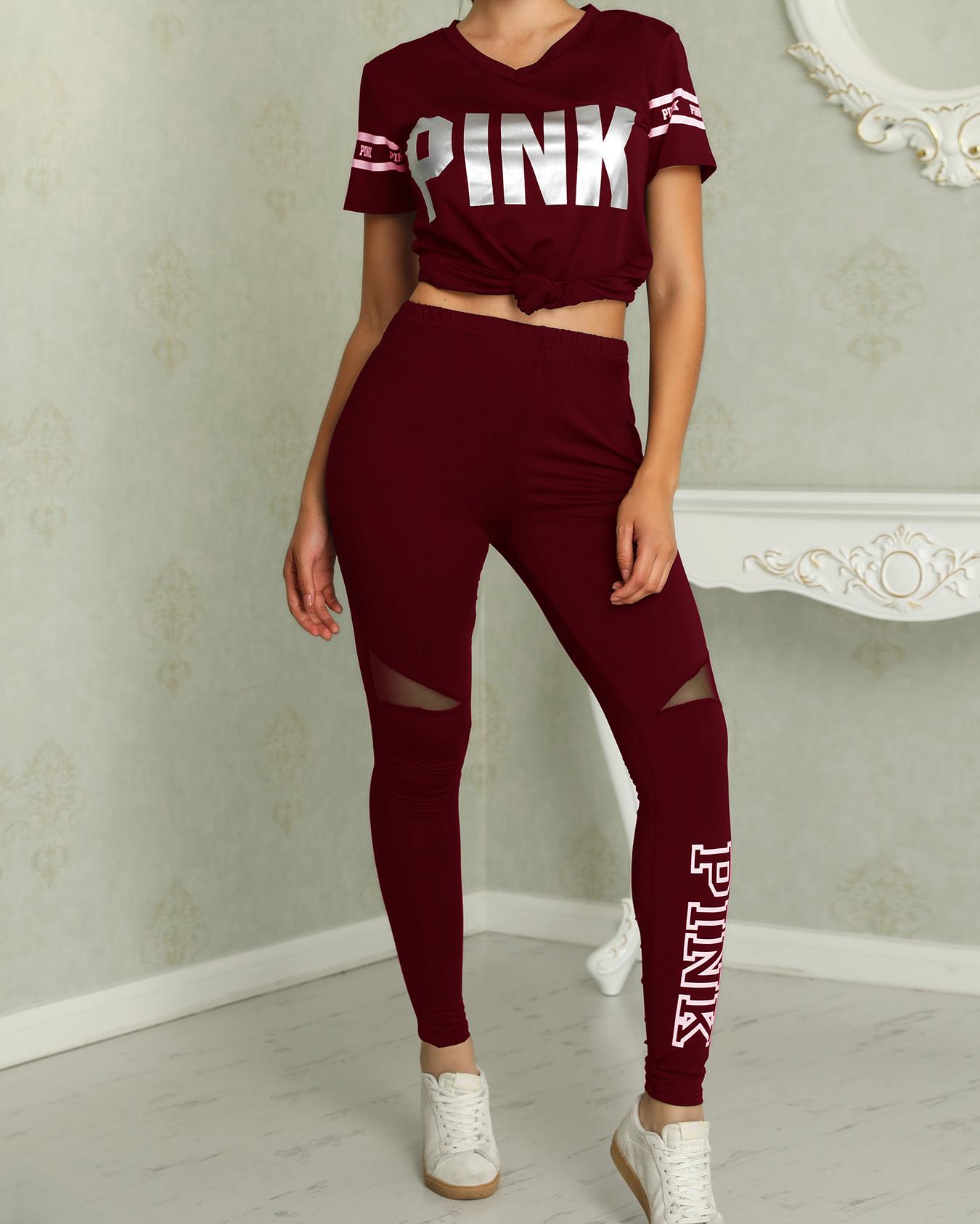 

Letter Print Patchwork Casual Pant Sets, Wine red