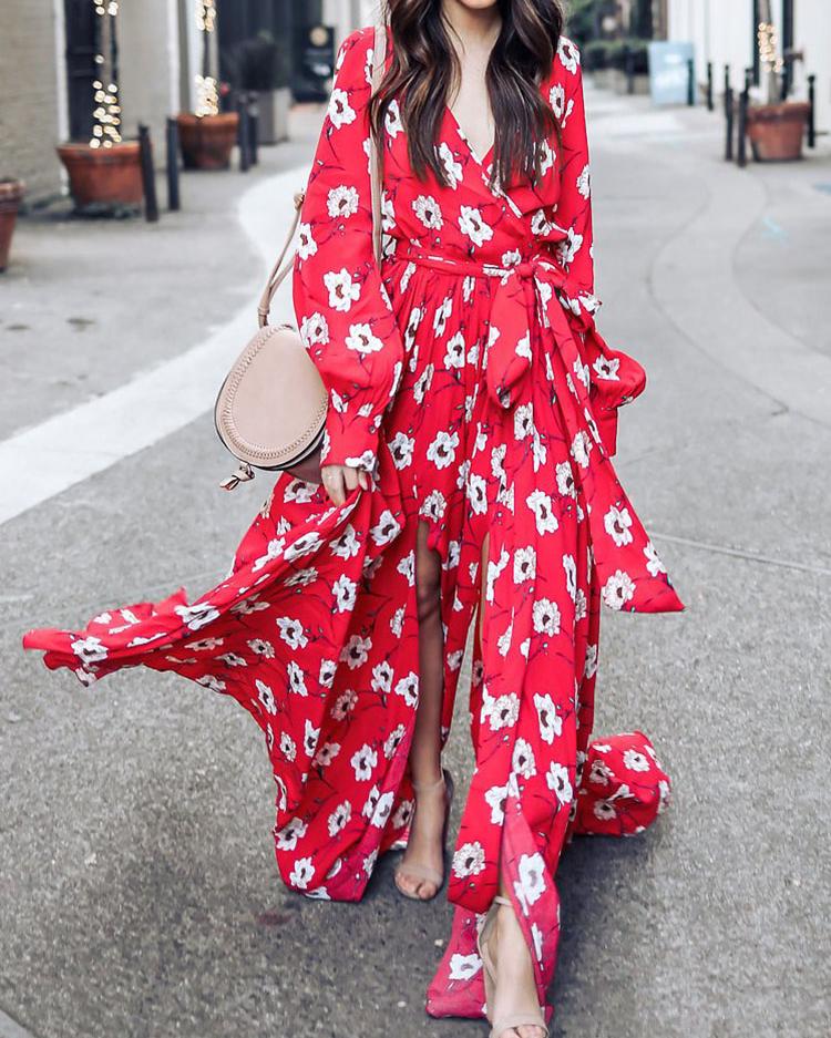 

Floral Print Tied Waist Maxi Dress, Red