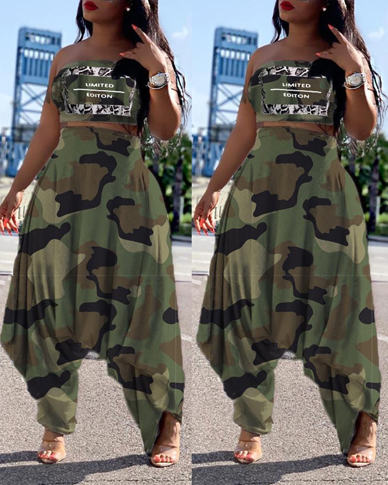 

Letter Print Camouflage Print Crop Top & Harem Pants Set, Camoflage
