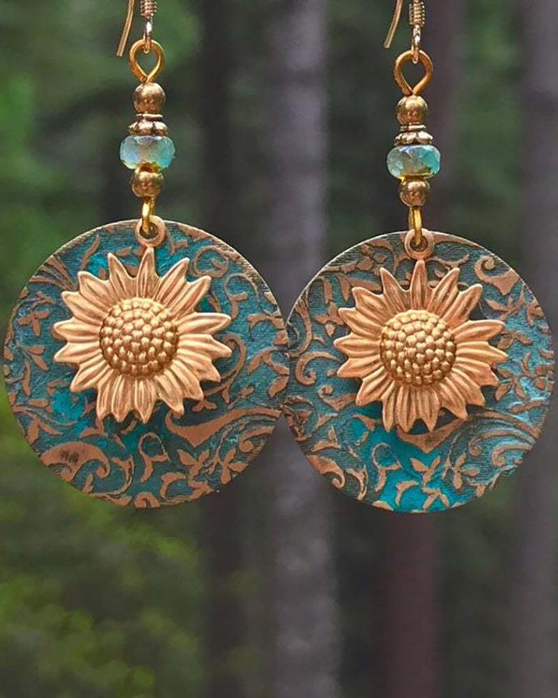 

1Pair Sunflower Pattern Bohemian Clan Hoop Earrings, Blue