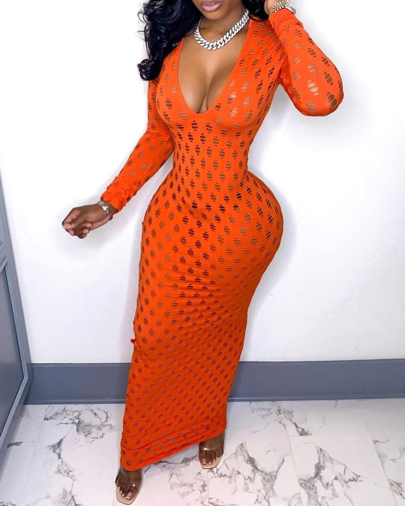

Cutout Long Sleeve Plunge Skinny Maxi Dress, Orange