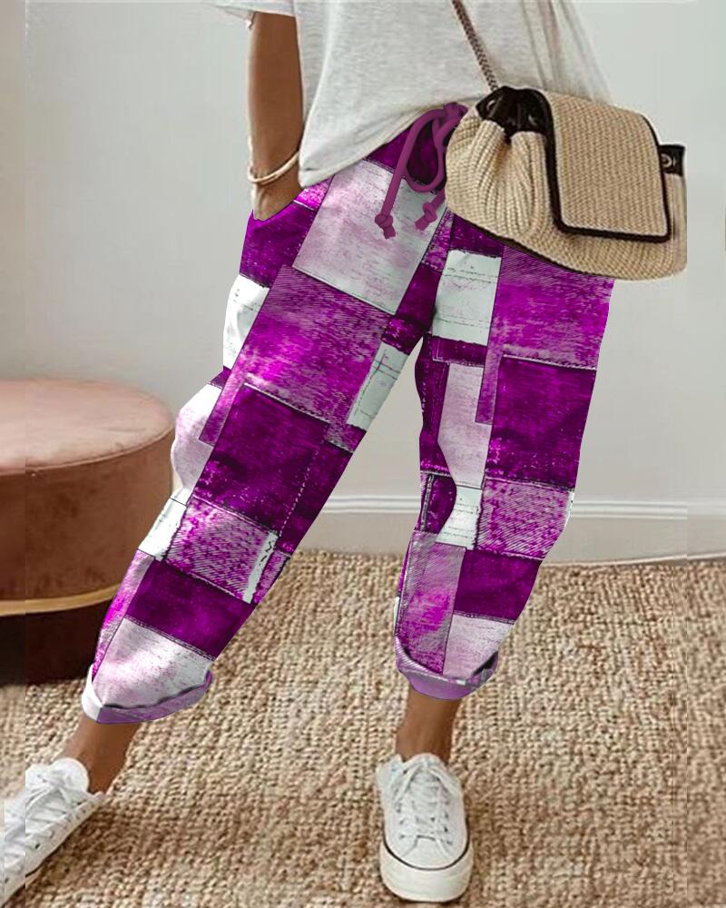 

Denim Look Print Drawstring Cuffed Pants, Purple