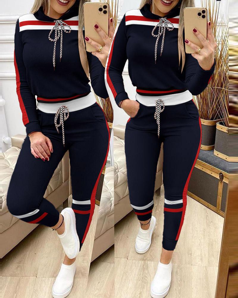 

Striped Colorblock Hooded Top & Drawstring Pants Set, Blue