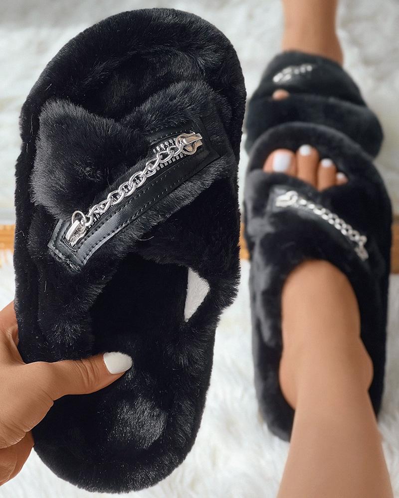 

Zipper Design Crisscross Fuzzy Slippers, Black