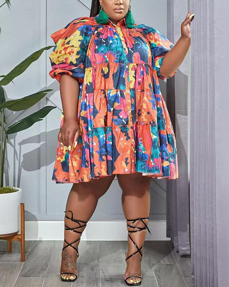 

Plus Size Allover Print Puff Sleeve Ruffle Hem Swing Dress, Orange