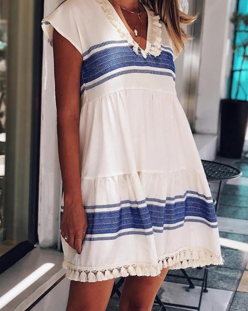 

Striped V-Neck Cap Sleeve Fringe Mini Dress, Blue
