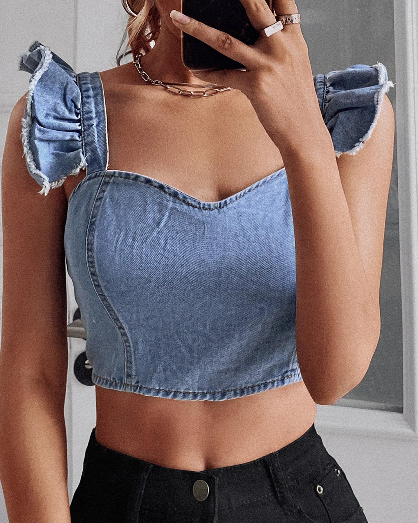 

Denim Flutter Sleeve Frill Hem Crop Top, Blue