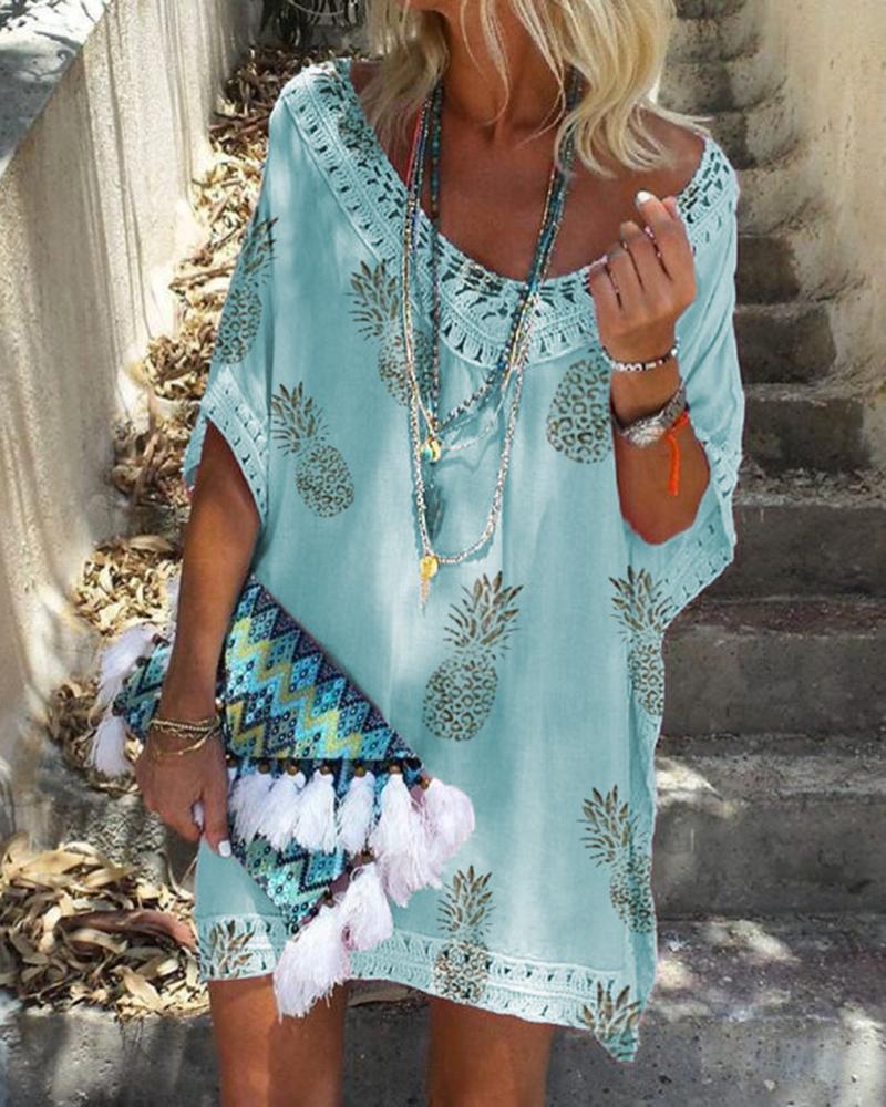 

V-Neck Short Sleeve Lace Patchwork Floral Printed Dress, Blue