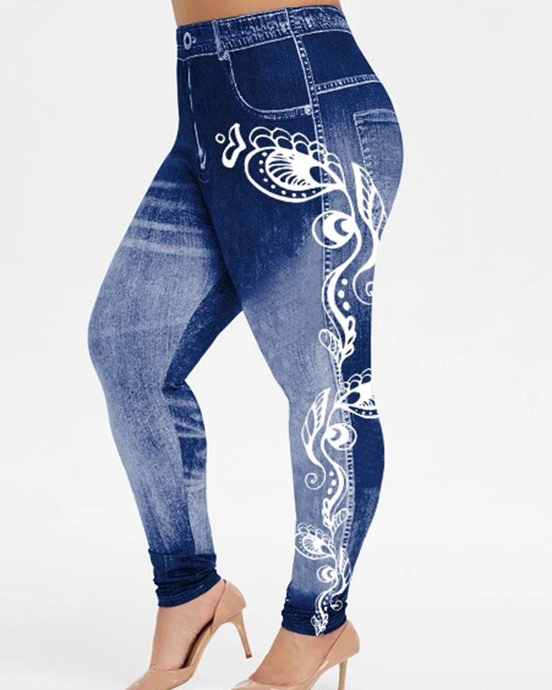 

Plus Size Floral Denim Look Print High Waist Leggings, Blue