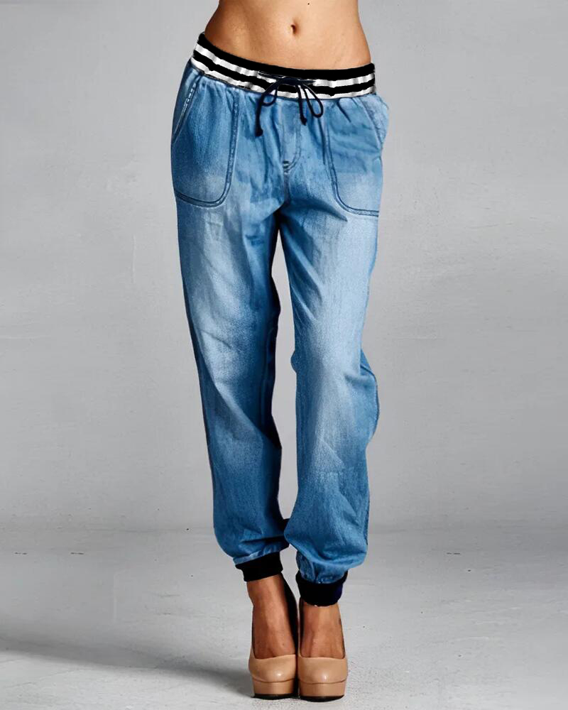 

Contrast Paneled Drawstring Waist Cuffed Jeans, Blue