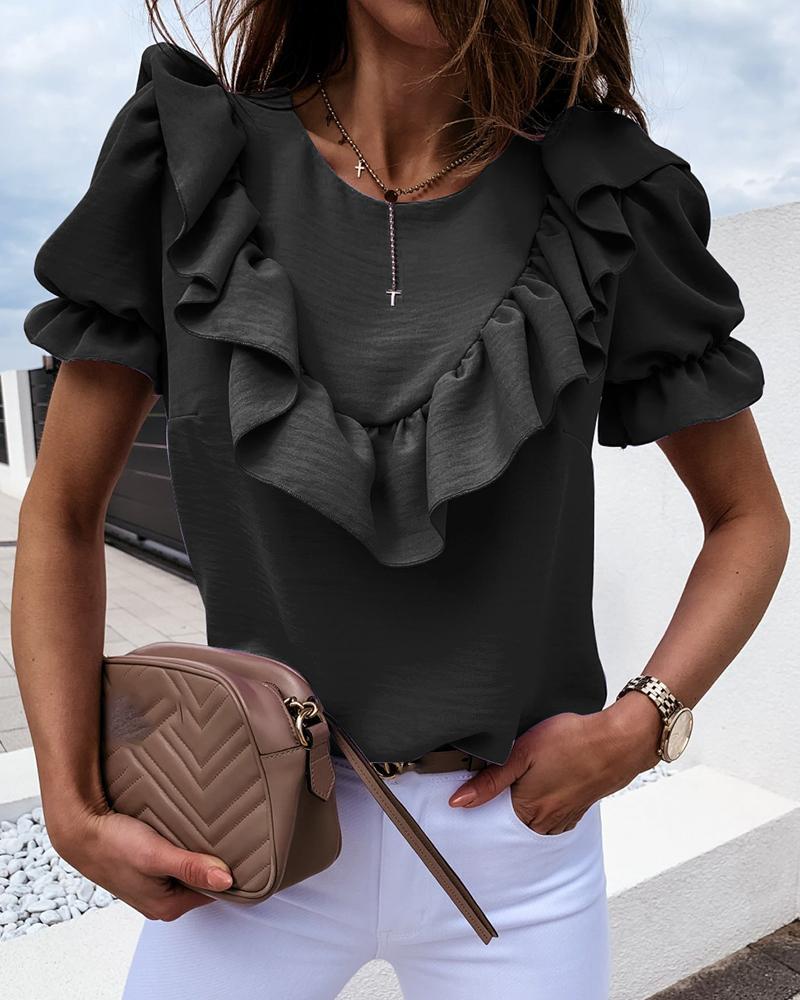 

Puffed Sleeve Ruffles Casual Women Blouse, Black