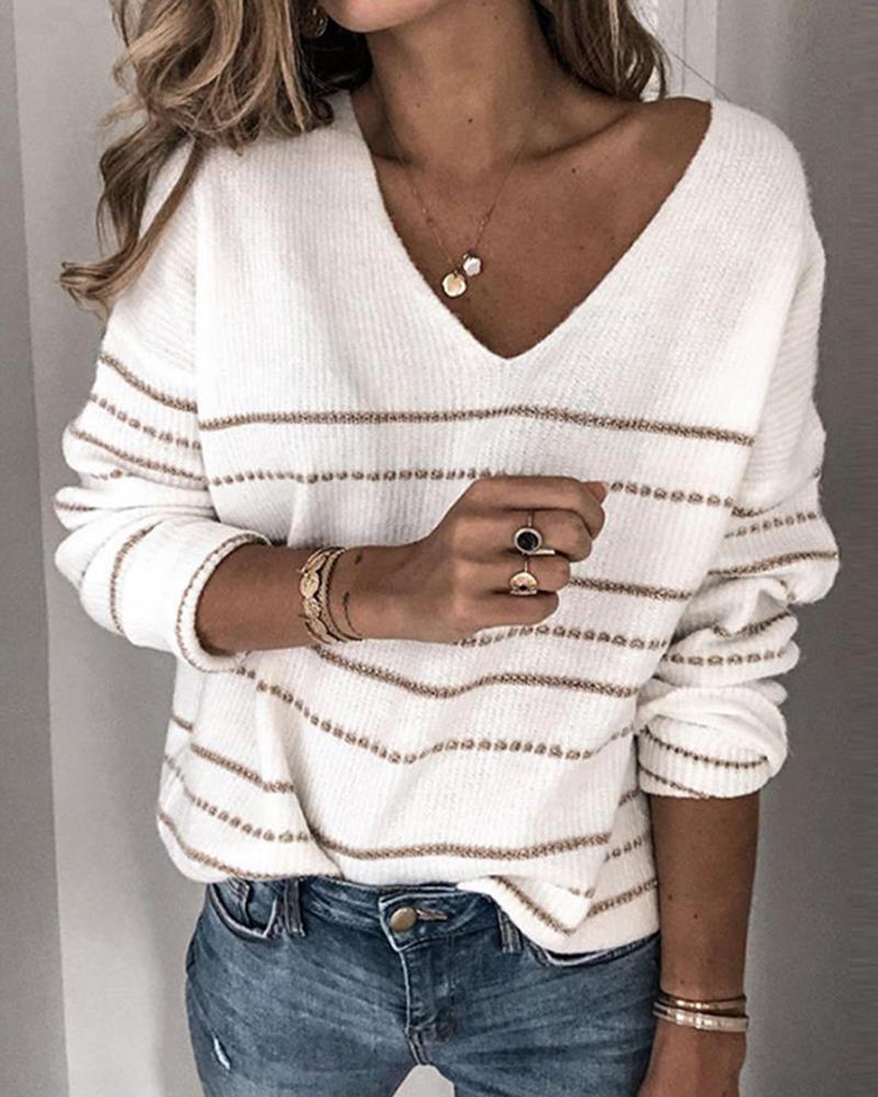 

Casual Striped V-neck Long Sleeve Top, White