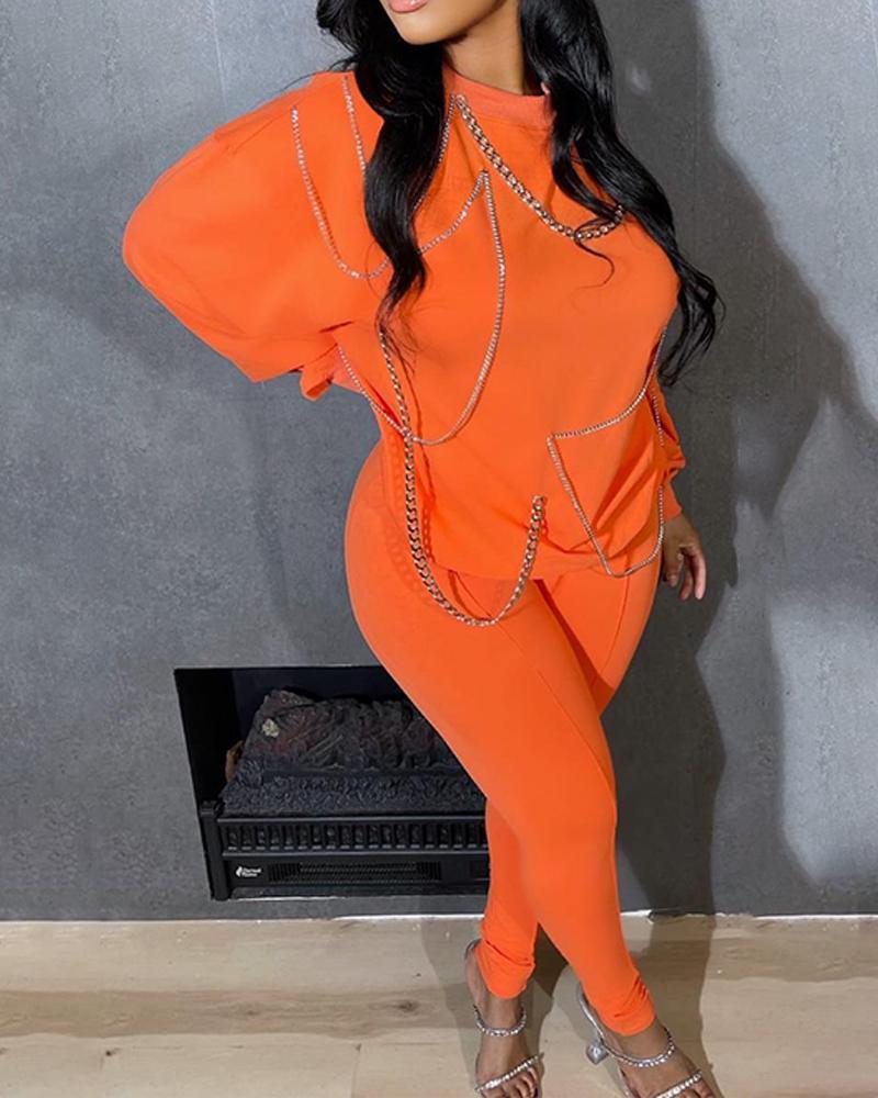 

O-neck Chain Decor Top & Pants Set, Orange