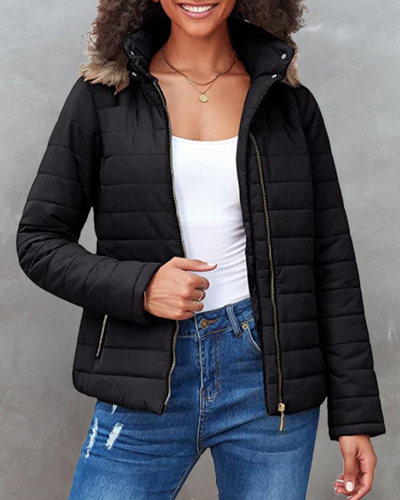 

Zipper Pocket Design Fuzzy Hooded Puffer Jacket, Black