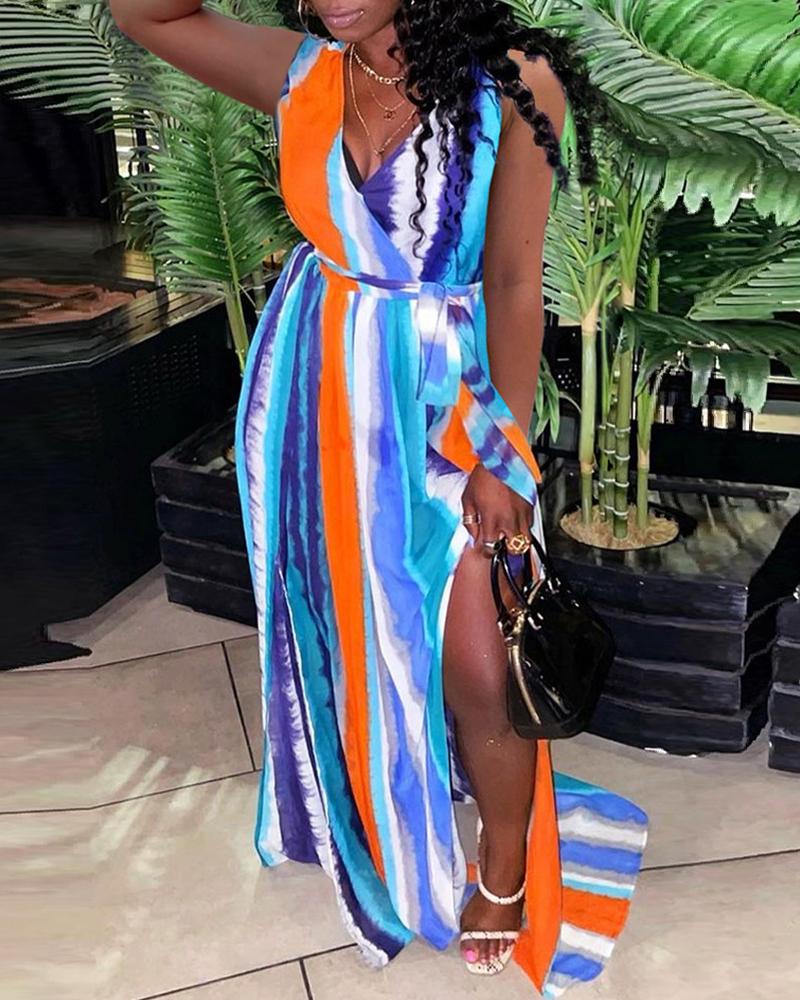 

Colorblock V Neck Sleeveless Slit Maxi Dress, Blue
