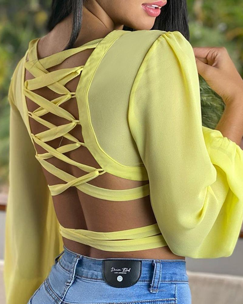 

V-Neck Bandage Lace-up Back Long Sleeve Top, Yellow