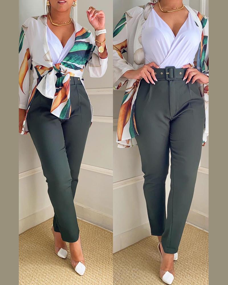 

Tropical Print Top & High Waist Pants Set, Dark green