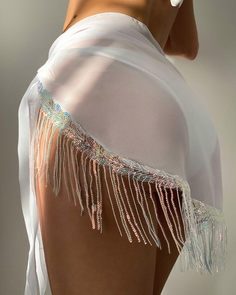 

Sequins Tassel Design Tied Detail Cover Up, White