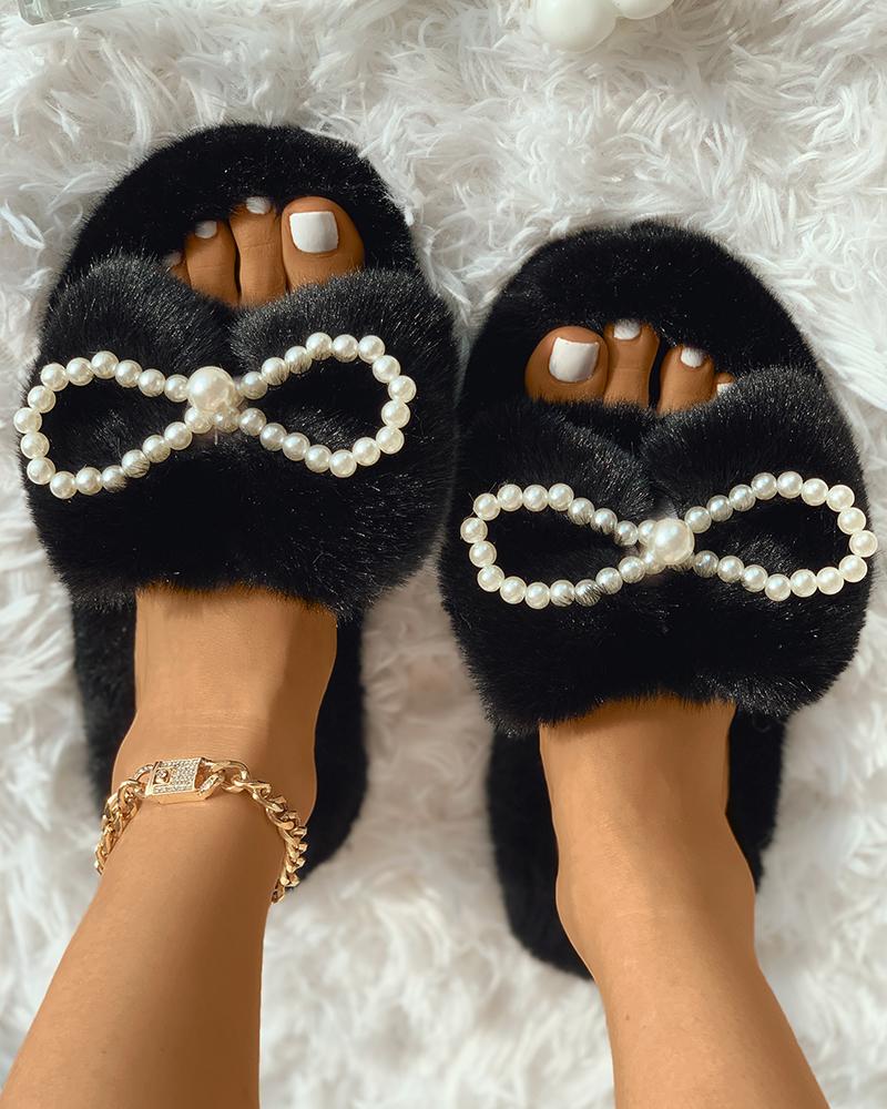 

Beaded Decor Bowknot Pattern Fluffy Slipper, Black