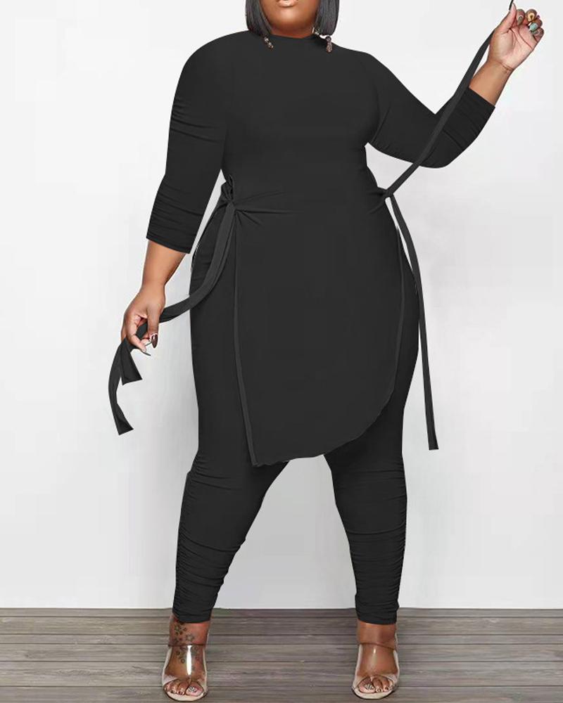 

Plus Size Side Slit Asymmetrical Hem Top & Pants Set, Black