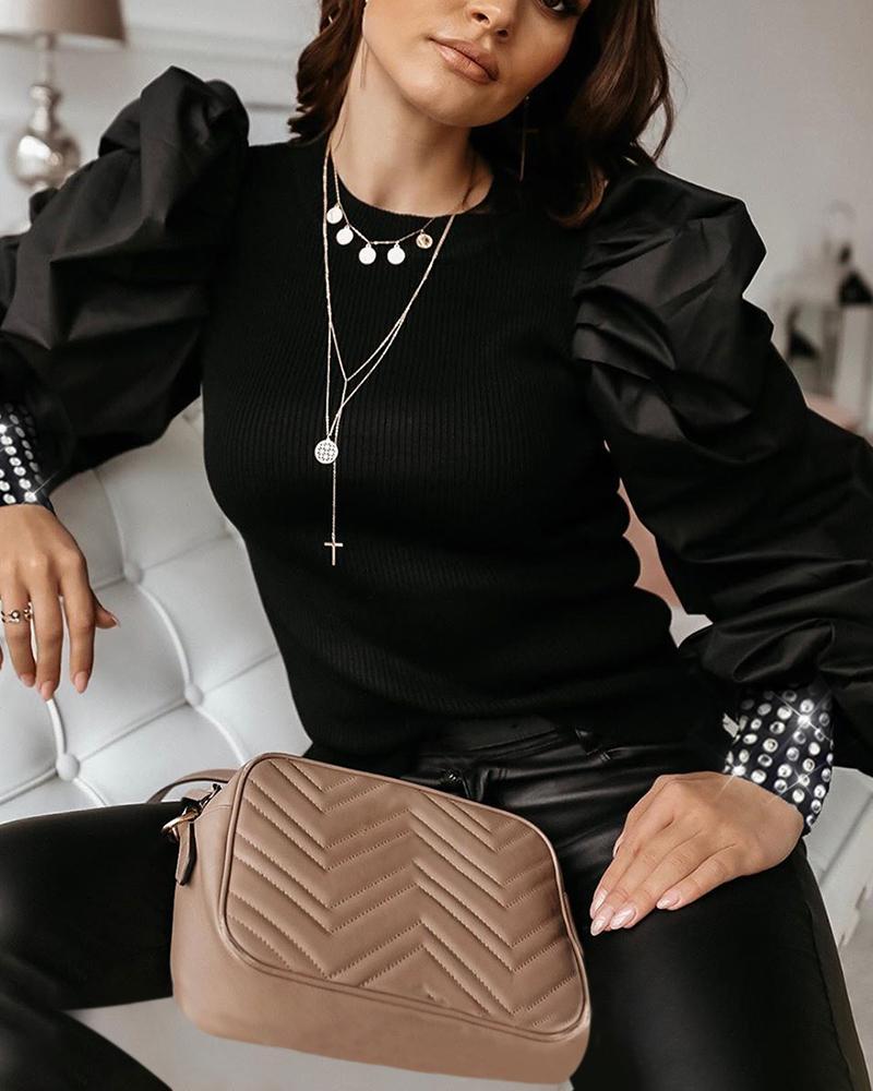 

Puff Sleeve Studded Cuff Blouse, Black