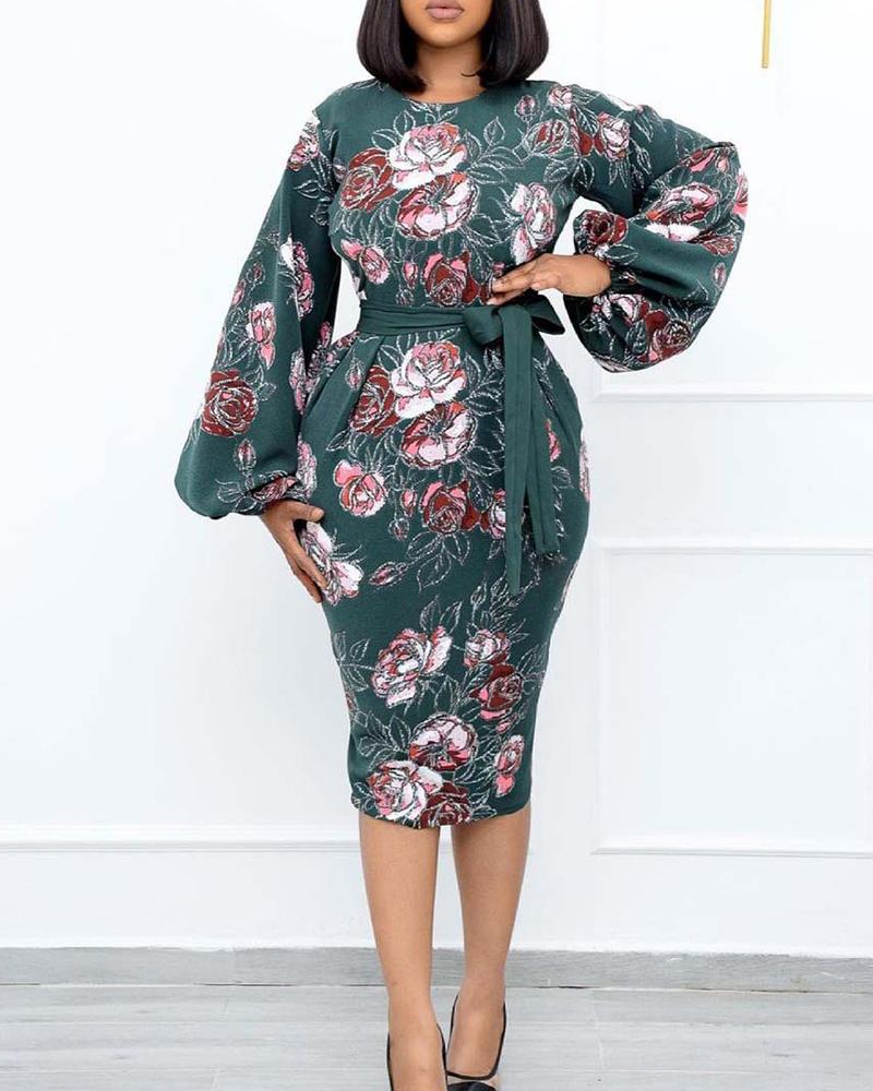 

Floral Print Lantern Sleeve Belted Dress, Green