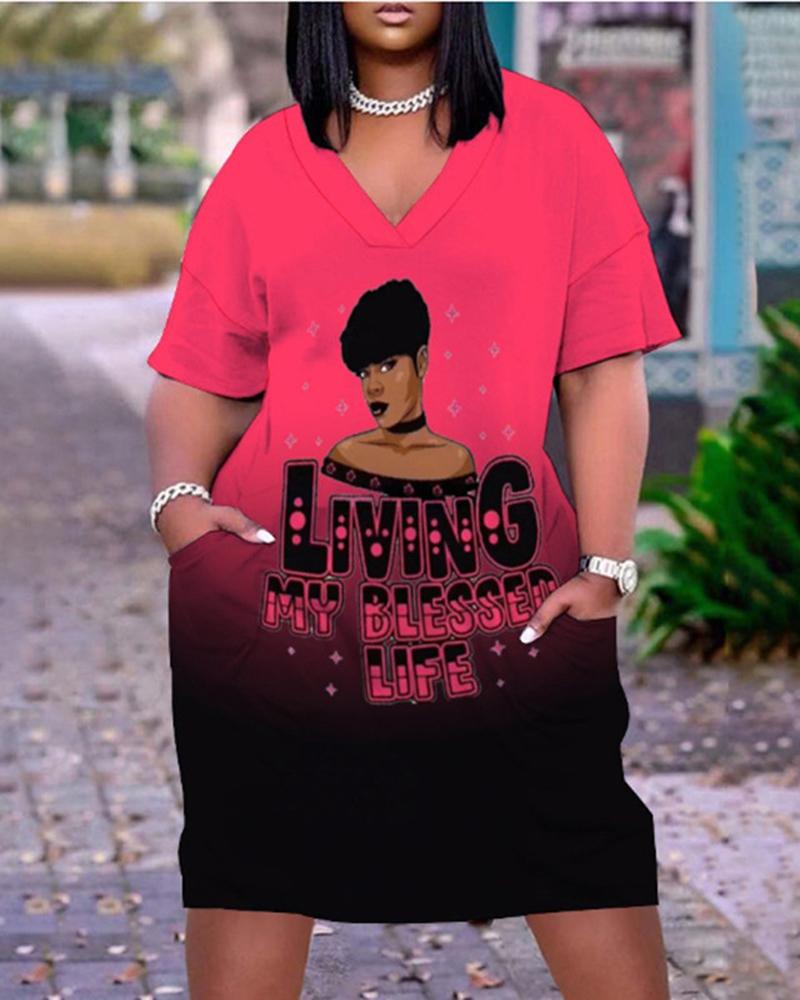 

Plus Size Figure Letter Print Pocket Detail Casual Dress, Hot pink