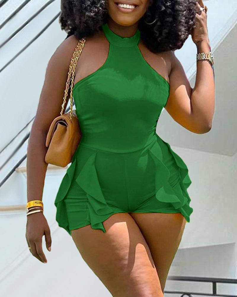 

O-Neck Sleeveless Ruffle Hem Romper, Green