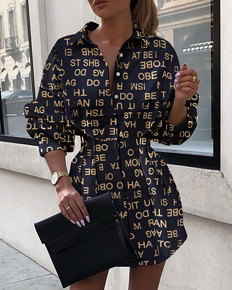 

Letter Print Ruched Button Design Shirt Dress, Black