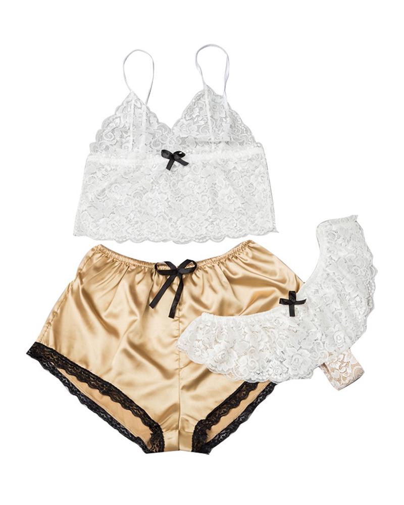

Satin Crochet Lace Cami Set With Panty, Gold
