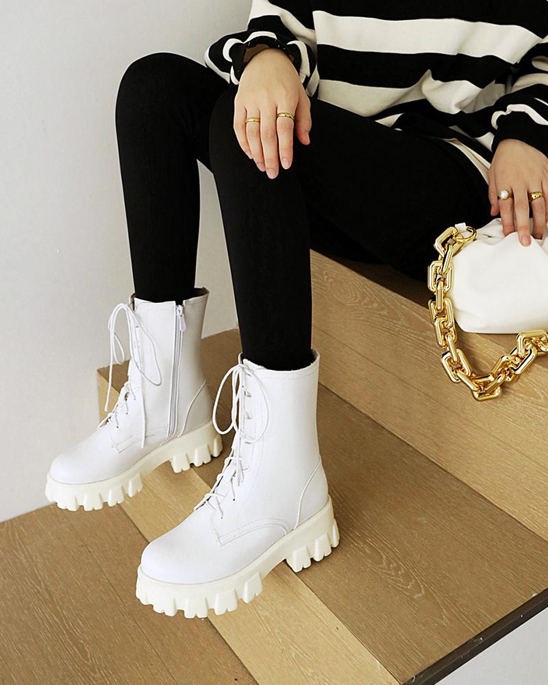 

Round-toe Lace-up Solid Color PU Leather Martin Boots, White