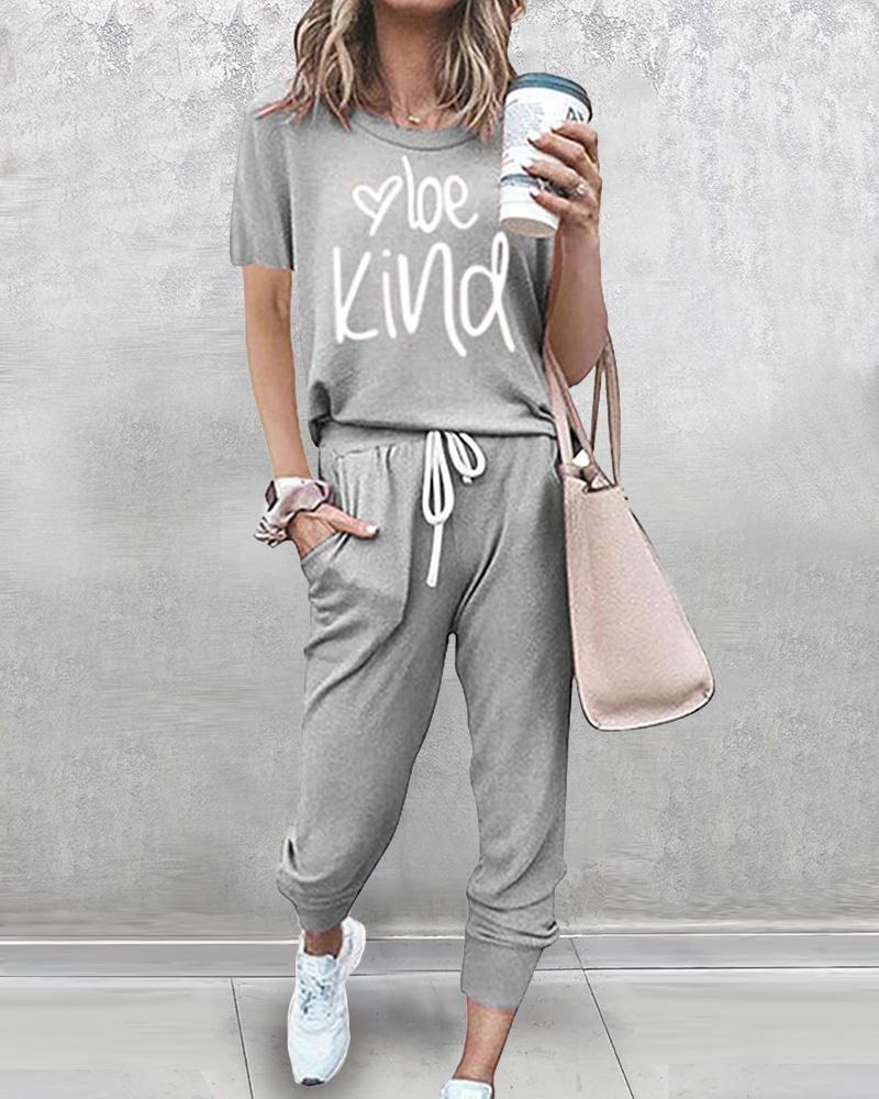 

Letter Print Short Sleeve Loose T-shirts With Pants Suit Sets, Gray