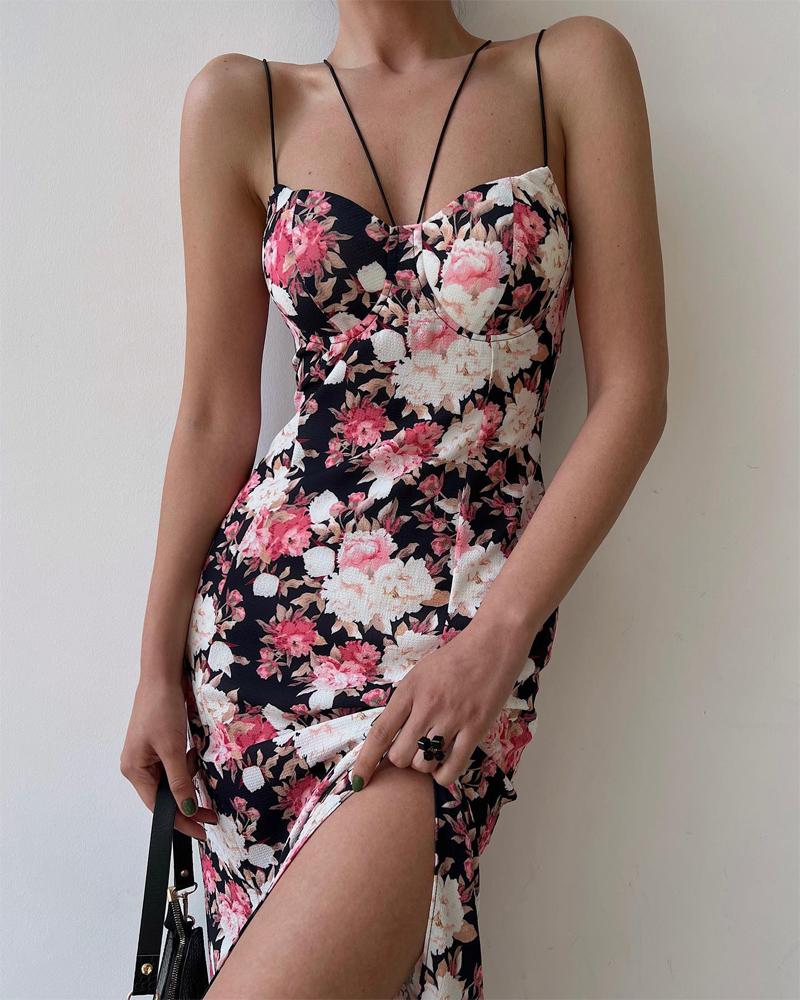 

Spaghetti Strap Floral Print Slit Dress, Multicolor