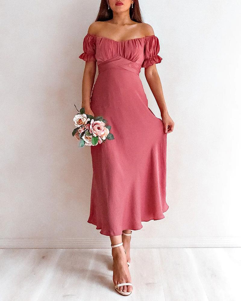 

Off Shoulder Ruched Ruffle Hem Slit Dress, Hot pink