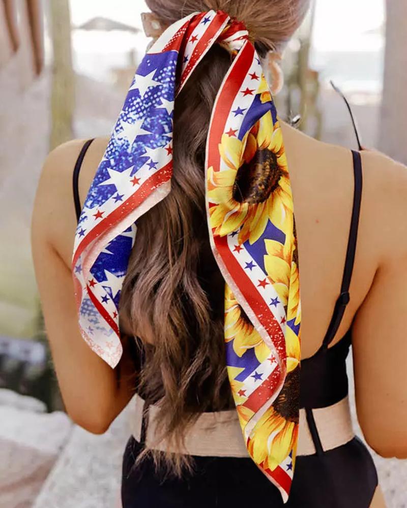 

Independence Day American Flag Sunflower Print Square Wrap Head Scarf, Blue