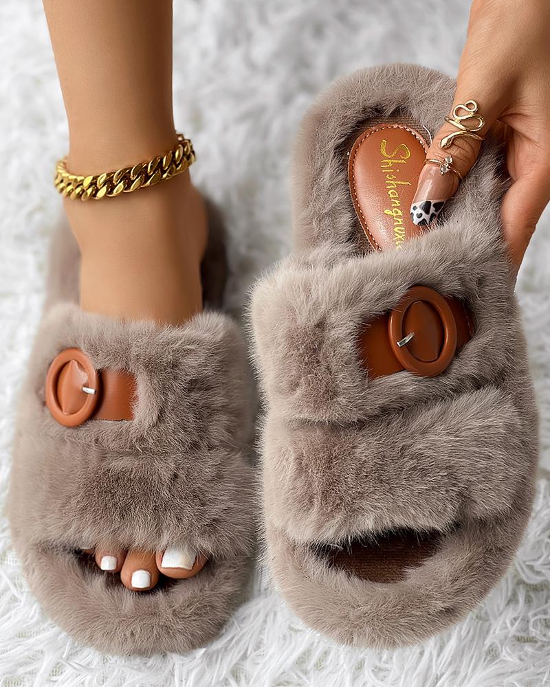 

Buckled Fluffy Soft Winter Slippers, Khaki