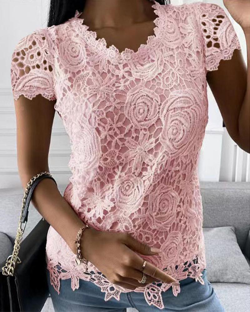 

Short Sleeve Embroidery Lace Top, Pink