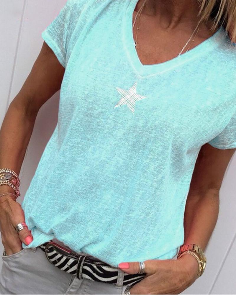 

Star Print V-neck Casual T-shirt, Light blue