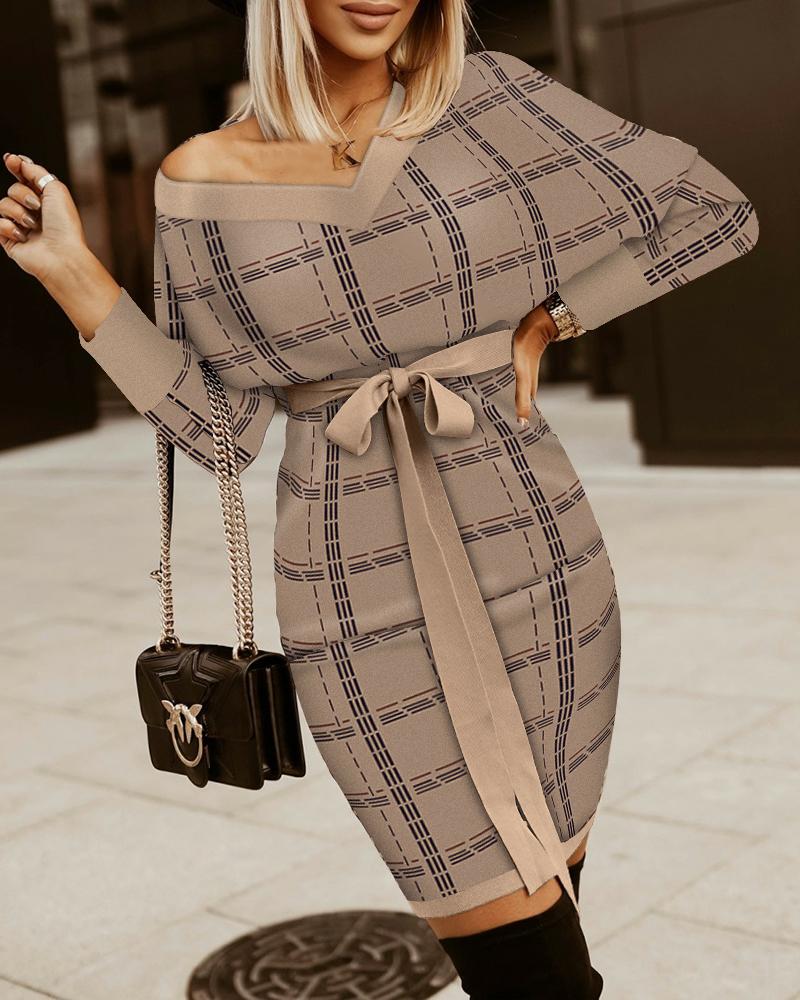 

Plaid Print Tied Detail Long Sleeve Bodycon Dress, Coffee