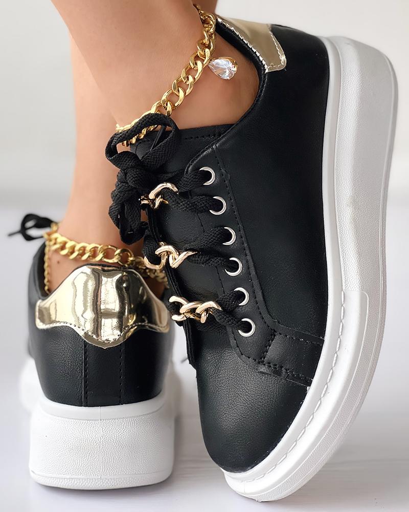 

Chain Decor Lace-up Sneakers, Black