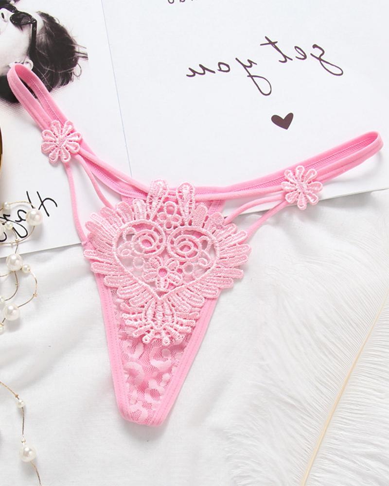 

Sexy Embroidery Low Waist Skinny Thong Panties, Pink